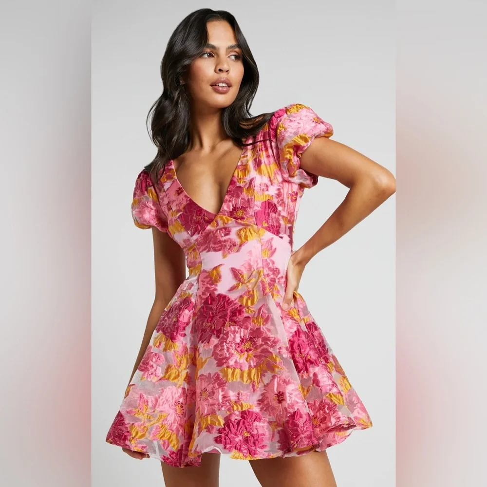 Showpo Pink Floral Mini Dress with Yellow Accents - Picture 1 of 8